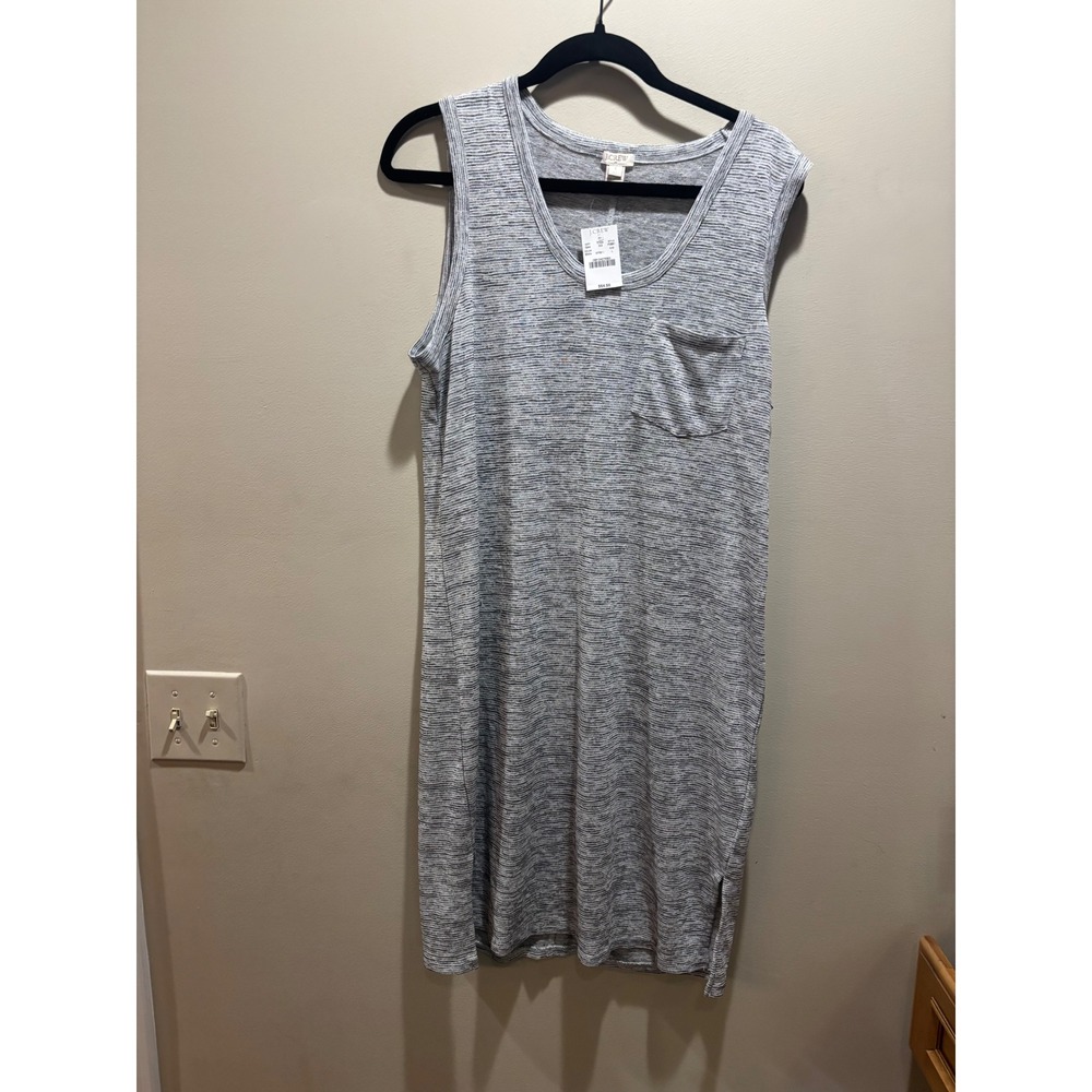NWT J.Crew Womens Sleeveless Dress Gray White Stripe Pocket Casual Summer Size L